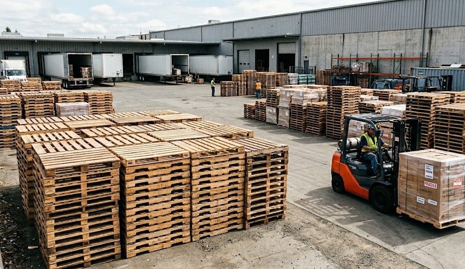 Pallet recycling yard with sorting operations