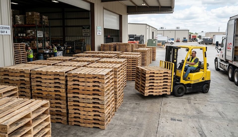 Forklift loading pallets at Pallet Colorado shipping bay