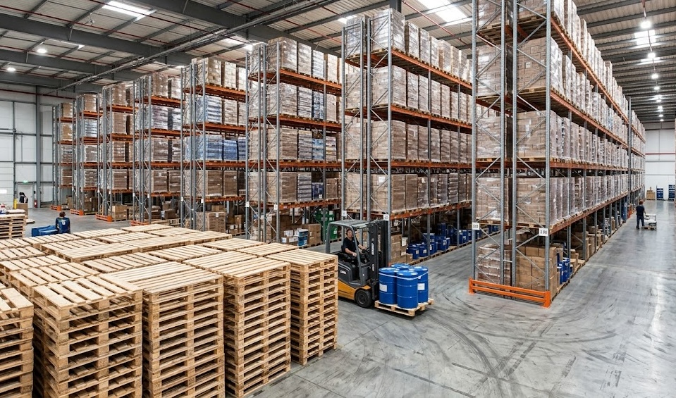 Large warehouse with pallets and racking systems